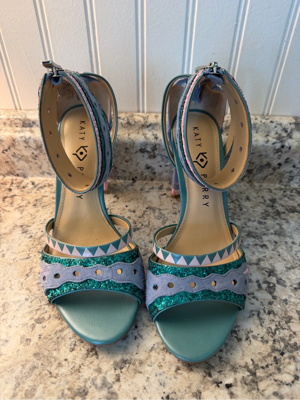 Katy Perry Collections Kai Teal, Lavender & Pink Chunky Heel Sandals Mermaid - Picture 3 of 10